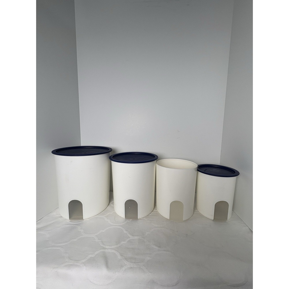 Tupperware Canister Set One Touch Blue Lids Reminder Window 4 Canisters 3 Lids